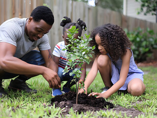 Parents teaching their young daughter how to plant in the garden, creating a fun and meaningful family activity centered around nature and sustainable living.
