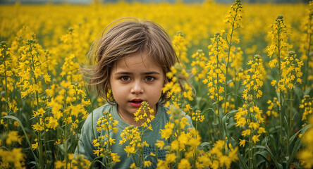 Fototapeta premium Realistic Child in Rapeseed Field Yellow Flowers Landscape Nature Portrait