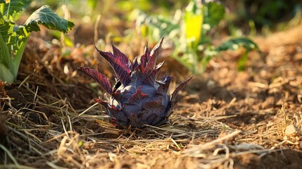 Obraz premium Close-up of a vibrant purple cabbage sprout in a garden bed