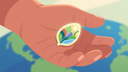 Hand holding a vibrant, miniature ecosystem within a leaf-shaped capsule, representing environmental conservation and the protection of nature against a blurred world map background
