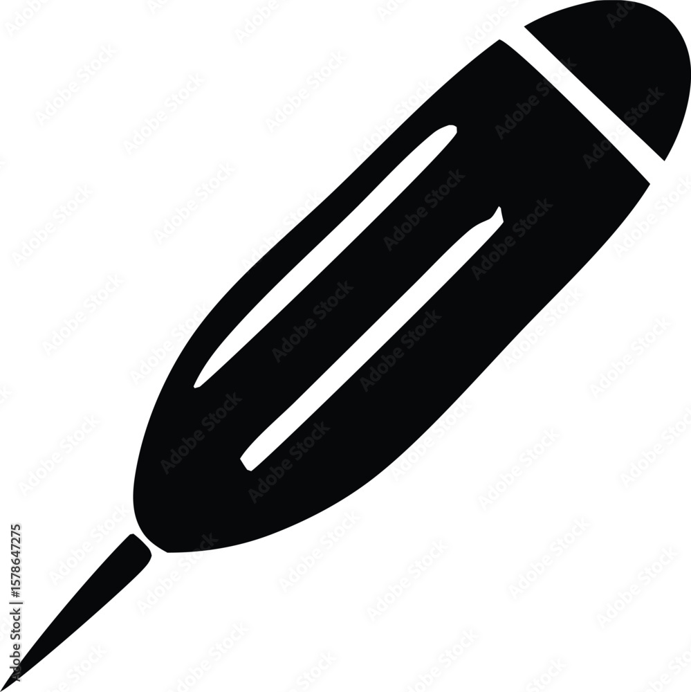 Poster a black silhouette of a quill pen with a sharp point and a rounded tip angled diagonally on a white 