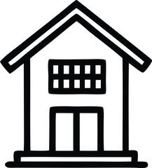 Simple black and white hand drawn icon of a two story house with a gable roof and multiple windows
