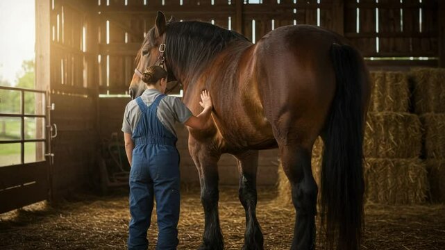 Woman in overalls petting a large brown draft horse in a rustic barn. Farmer showing affection to her animal in a sunlit stable.