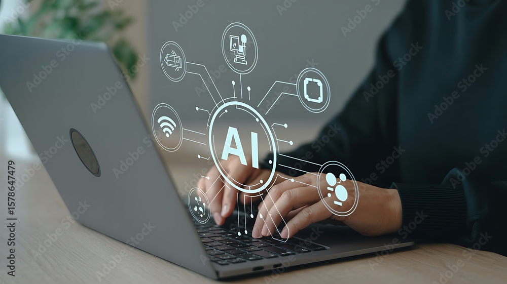 Poster person interacts with ai interface on laptop, showcasing technology, machine learning, and the futur
