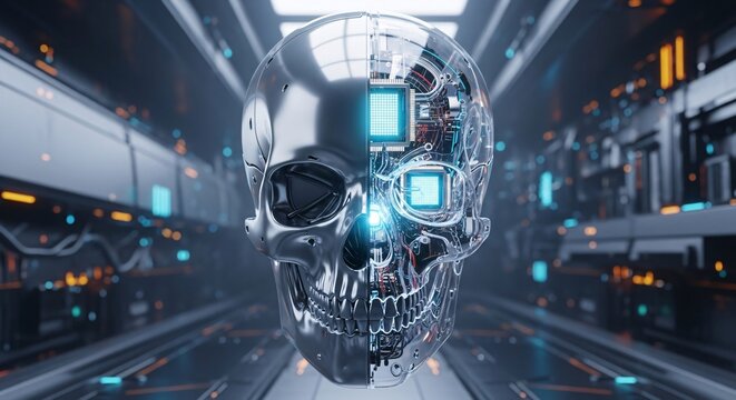 Futuristic AI Cyborg Skull Head with Transparent Section Showing Internal Circuitry in a Sci-Fi Digital Environment, Concept of Technology and Artificial Intelligence