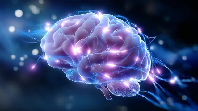 A digital representation of a human brain with glowing neural connections. The background is dark with bright, colorful lights suggesting activity and thought processes
