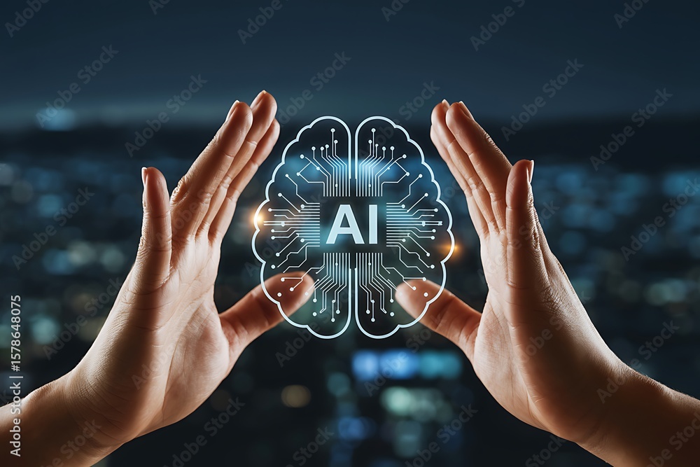 Poster hands cradle artificial intelligence brain concept over cityscape, symbolizing innovation and advanc