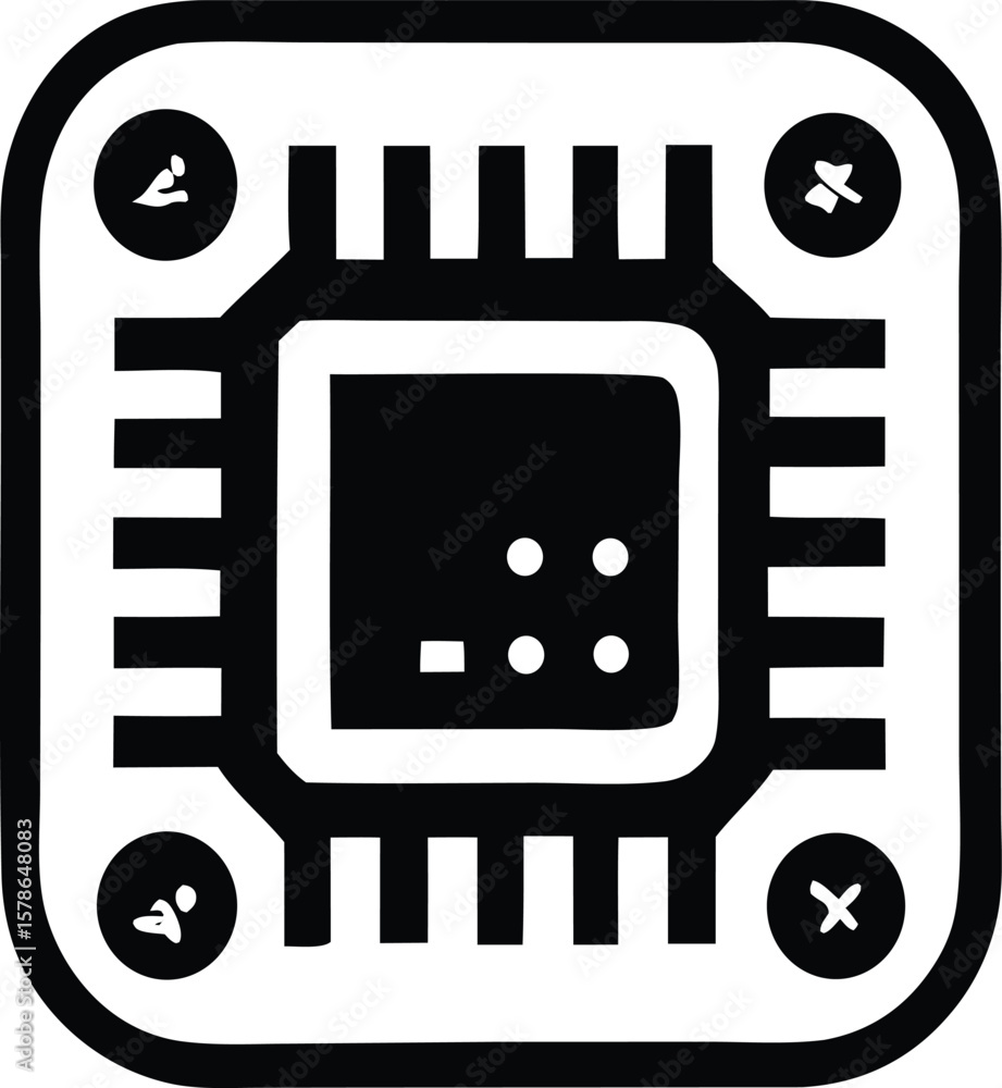 Aufkleber stylized black and white icon representing a computer processor chip with four corner mounting point
