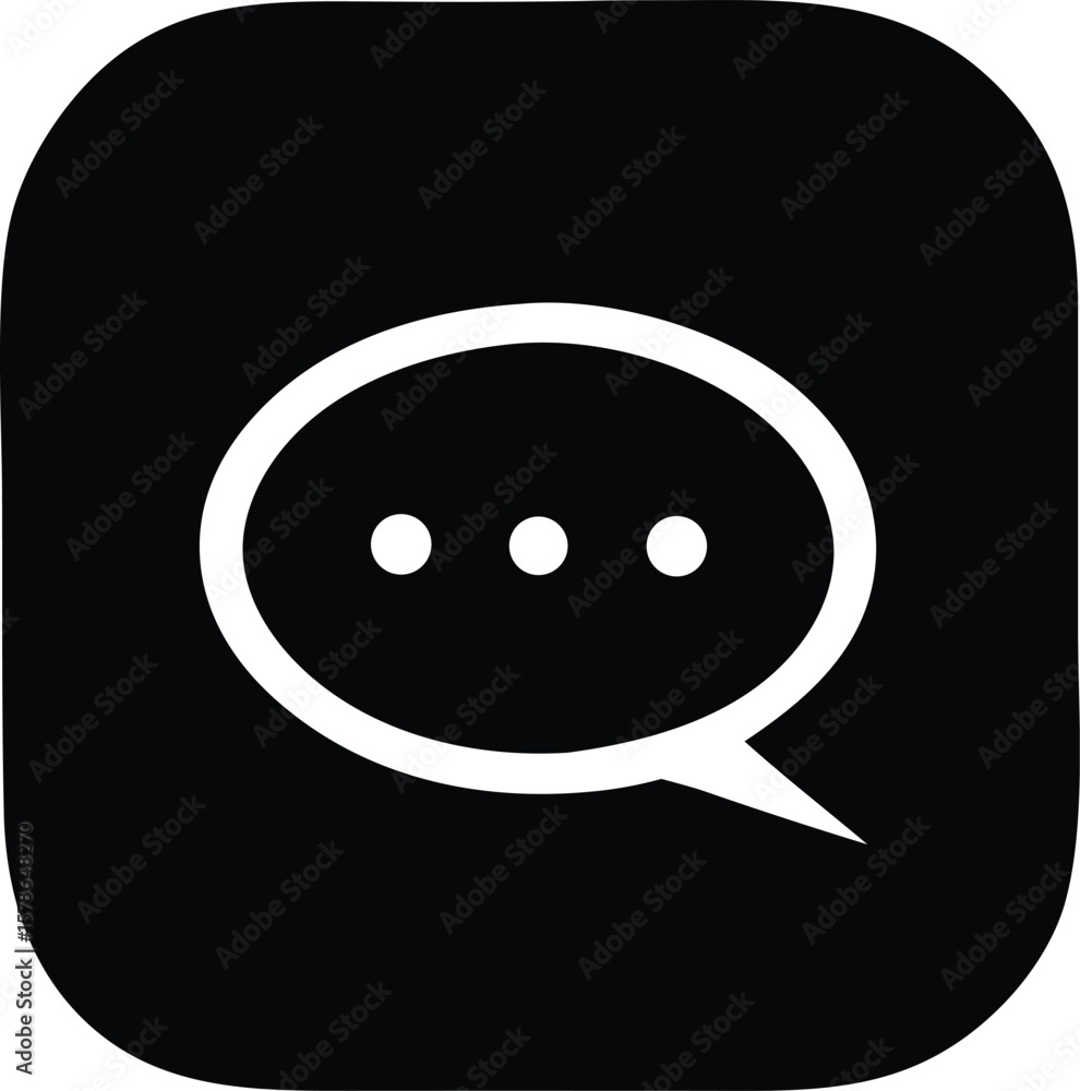 Poster a simple clean white speech bubble icon with three dots inside set against a solid black square back