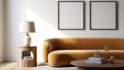 Modern living room with a plush orange sofa marble lamp and two blank picture frames on a white wall