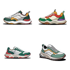 Four Colorful Modern Sneaker Designs Pack 45 Illustration of Four Unique Sneakers Featuring Green White Red and Yellow Color Schemes Chunky Sole Sneakers Casual Footwear Designs