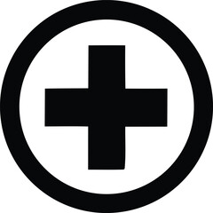 A simple black cross symbol centered within a thick black circle against a clean white background