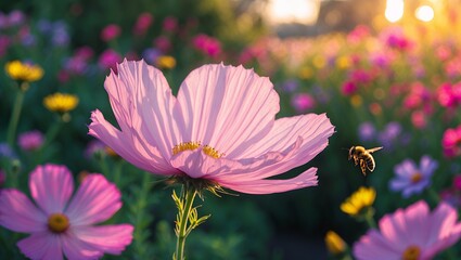 Bee Approaching Pink Flower in Colorful Summer Garden with Sunlight