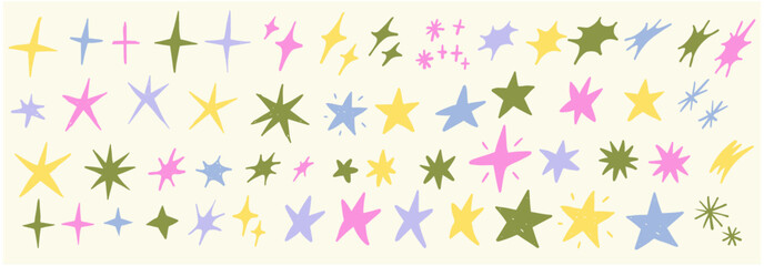 Set of colorful hand drawn vector stars and sparkles, doodle collection