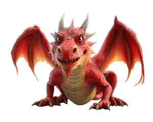 Red dragon cute fantasy creature isolated on transparency background detailed scales playful expression mythical animal wings horns digital illustration