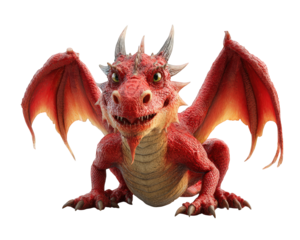 Red dragon cute fantasy creature isolated on transparency background detailed scales playful expression mythical animal wings horns digital illustration