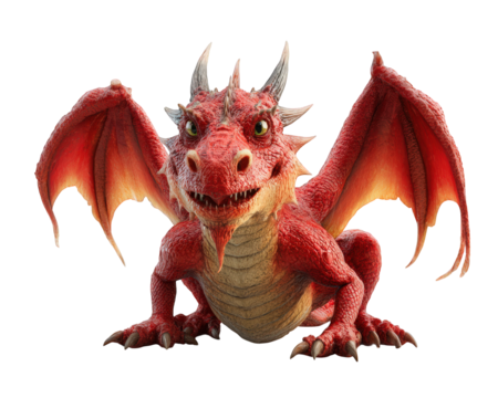 Red dragon cute fantasy creature isolated on transparency background detailed scales playful expression mythical animal wings horns digital illustration - Powered by Adobe
