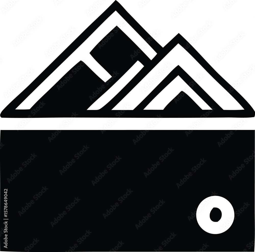 Poster geometric abstract design featuring stylized mountains above a solid rectangle with a circular eleme