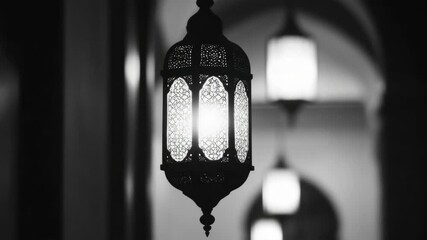 Illuminated metal lantern with intricate pattern, hanging in dimly lit interior, evoking warmth and culture. - Powered by Adobe