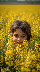 Fototapeta premium Realistic Child in Rapeseed Field Yellow Flowers Landscape Nature Portrait