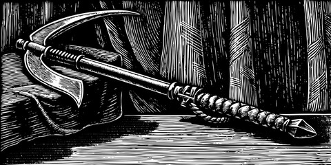 Fototapeta premium Vintage sickle resting on wooden surface in rustic setting 