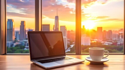 Cityscape sunrise laptop coffee