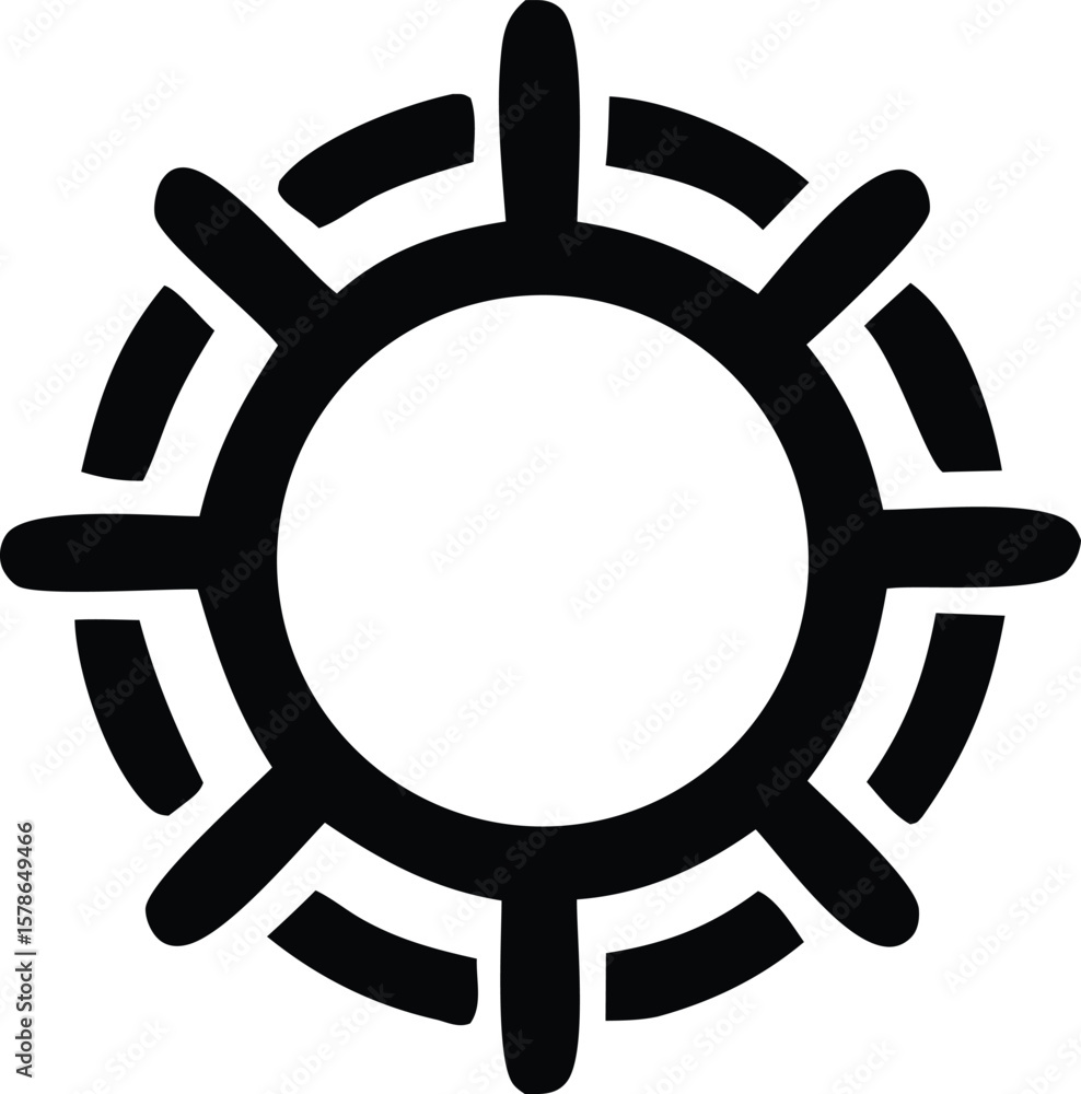 Poster stylized black sun symbol with radiating lines and concentric circles on a white background represen