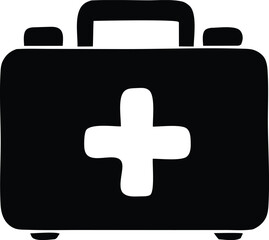 Simple black silhouette of a first aid kit with a white cross symbol on a clean white background