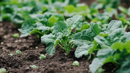 Obraz premium Close-up of rows of young leafy green plants in dark soil