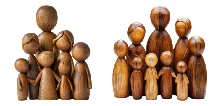 Set of family of parents and children from wooden isolated on transparent background