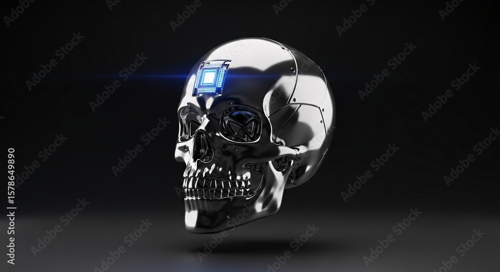 Poster futuristic chrome skull with integrated circuit chip symbolizing artificial intelligence and technol