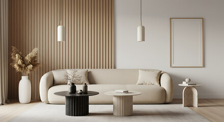 Modern living room with a neutral toned sofa and fluted wood accent wall