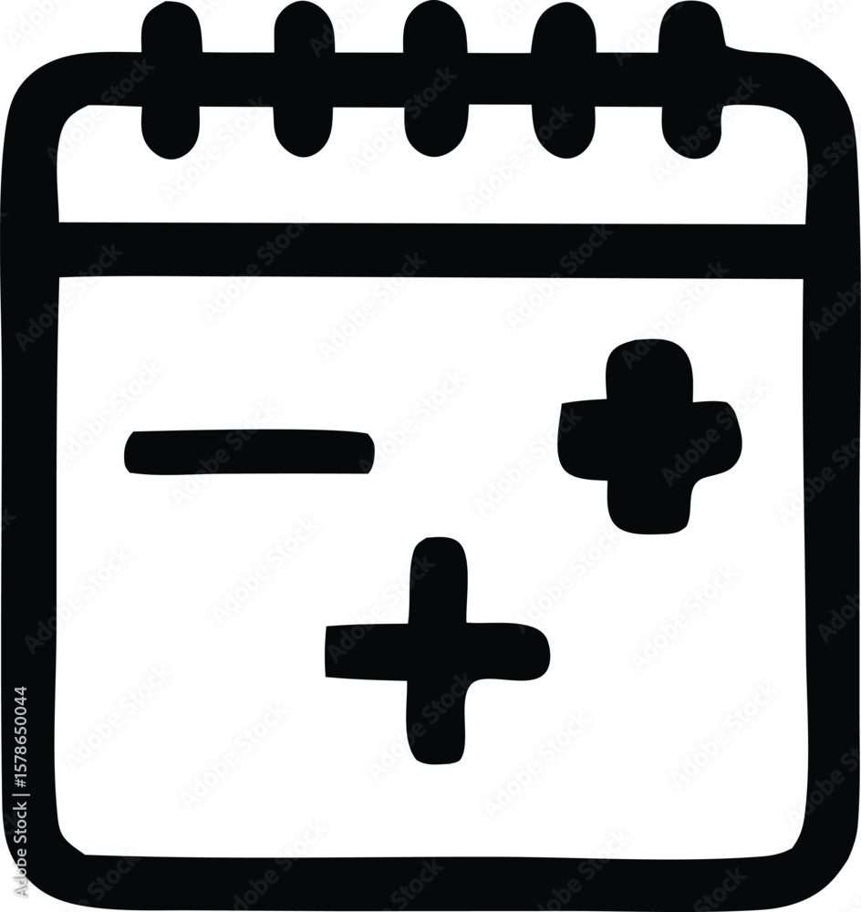 Poster simple black and white icon depicting a calendar with plus and minus symbols representing positive a