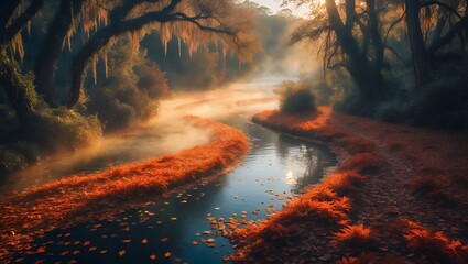 Autumn River Landscape with Morning Fog and Colorful Fallen Leaves