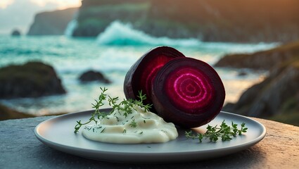 Beetroot Slices with Cream Sauce and Herbs by the Ocean