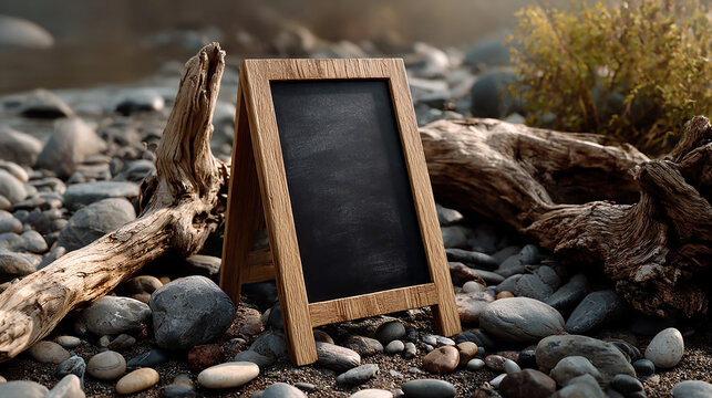 Blank Chalkboard Signage Mockup on Beach with Pebbles and Driftwood – Warm Sunset Lighting Outdoor Display