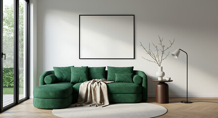 Modern living room with plush emerald green sectional sofa and blank framed art above