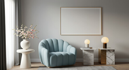 Cozy modern living room with a plush blue armchair delicate floral arrangement and stylish marble side tables