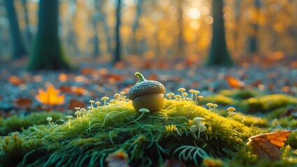 Acorn Resting on Moss with Mushrooms in an Autumn Forest