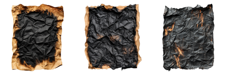 Set of burnet crumpled paper sheet isolated on transparent background