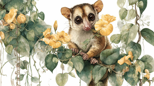 Jungle Peek &ndash; Watercolor Mouse Lemur Climbing Through Flowers and Greenery

