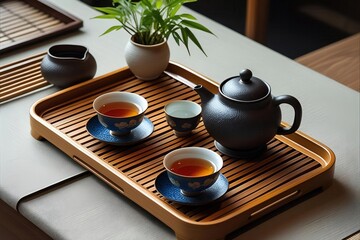 A traditional Asian tea ceremony set viewed from above. The minimalist composition with a ceramic teapot, cups, and tea leaves on a tray evokes tranquility and mindful practice