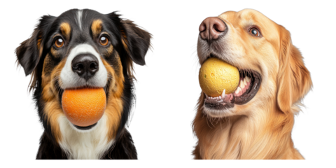 Set of dog holding a ball in the mouth isolated on transparent background