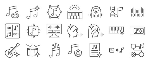 ai music generated icon set. It included song, melody, music generator, artificial intelligence, and more icons. Editable Vector Stroke.
