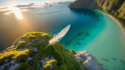 Feather Resting on Mossy Rock Overlooking Turquoise Coastal Waterscape