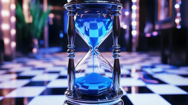 Glass sand clock with blue glass, showing the hands frozen at approximately 1:40.