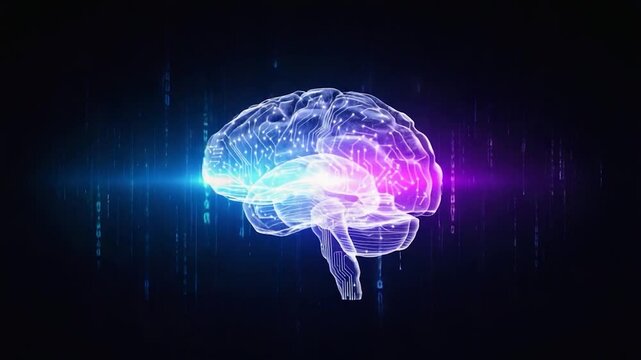 Digital brain with glowing neural pathways and binary code