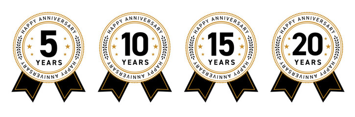 Fototapeta premium 5周年・10周年・15周年・20周年のフラットなアニバーサリーメダルロゴセット（YEARS デザイン素材）