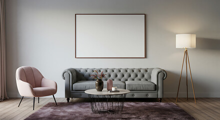 Modern living room with a grey tufted sofa pink accent chair and blank canvas on the wall