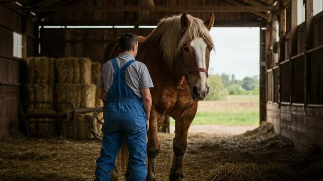 A farmer in blue overalls stands with his large Belgian draft horse in a rustic wooden barn. The scene shows a strong bond between man and animal in a rural setting.